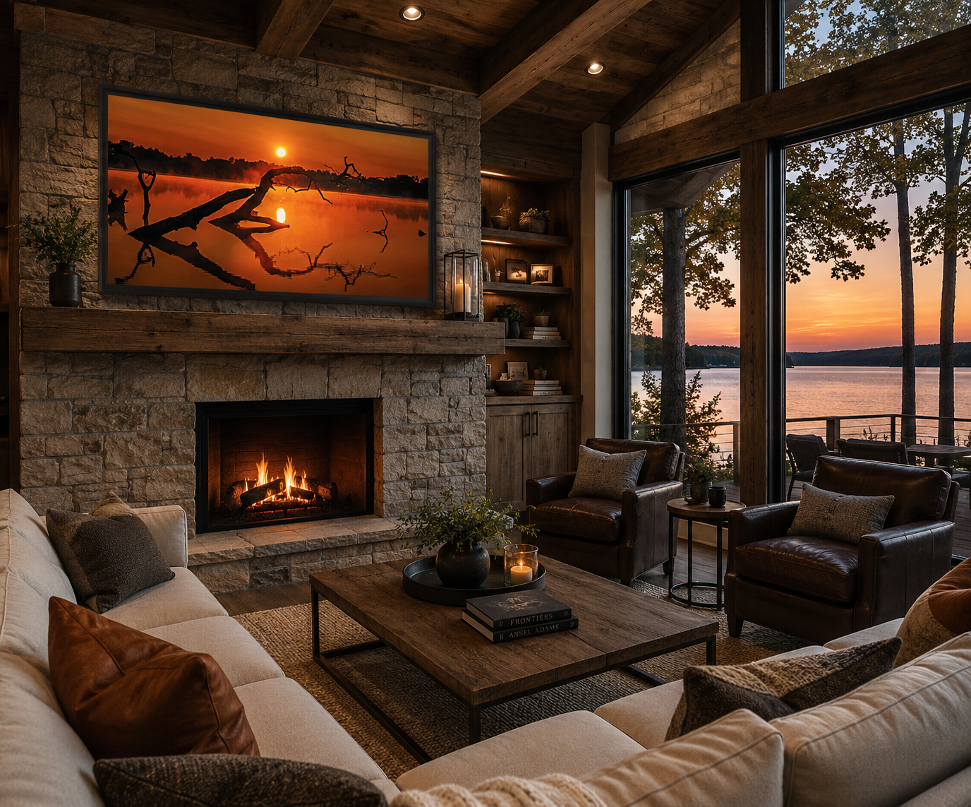 Warm Lima Ohio lake sunset artwork above a fireplace in a lodge living room